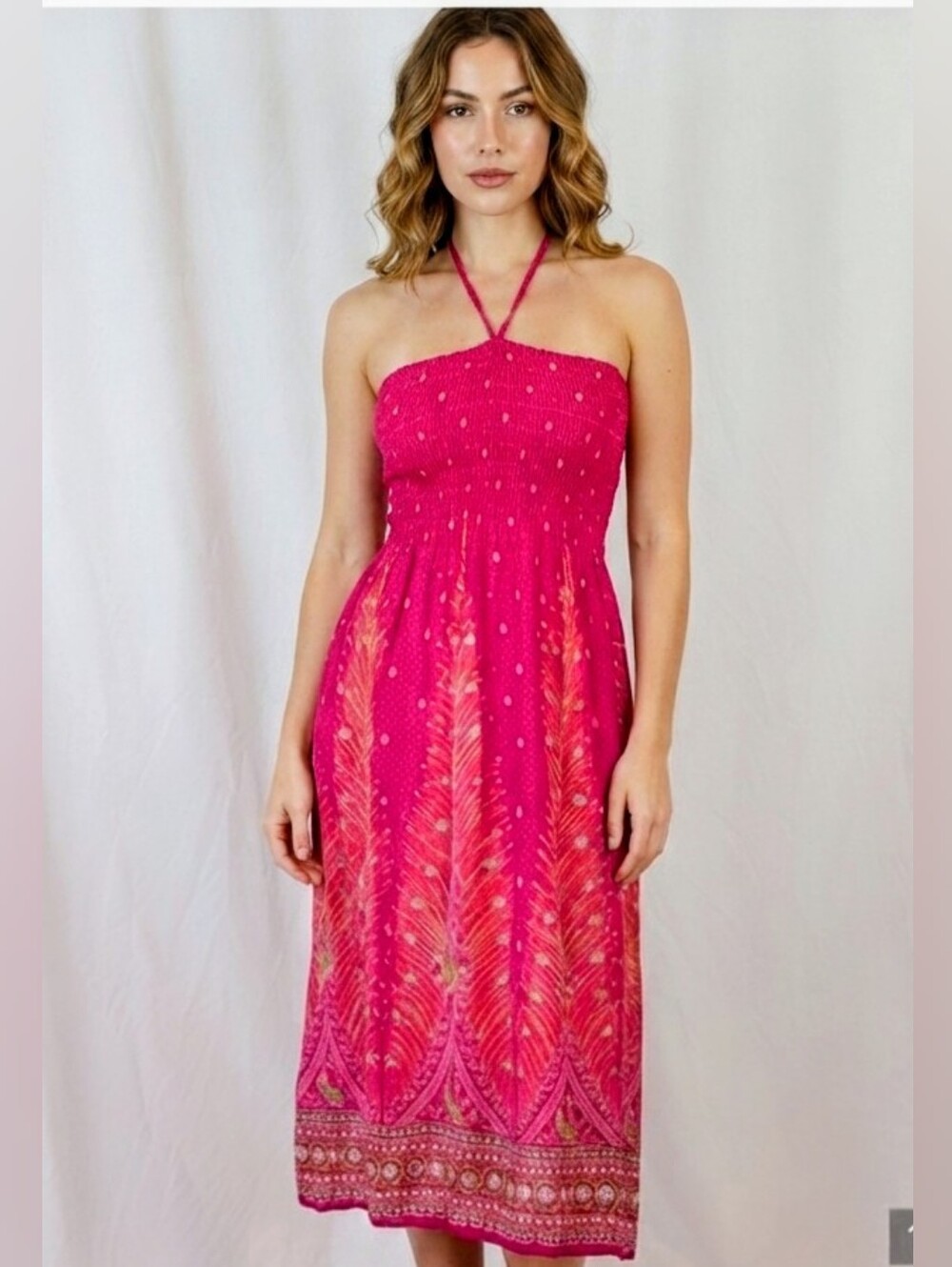 Boho Peacock Floral Smocked Halter Midi Dress Pink 100% Cotton.EUC